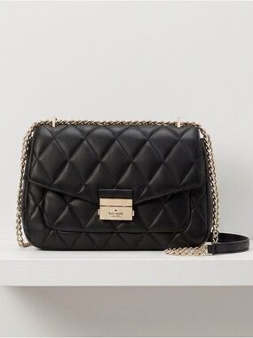 Kate Spade Black Carey Smooth Leather Medium Flap Quilted Shoulder Bag NWT